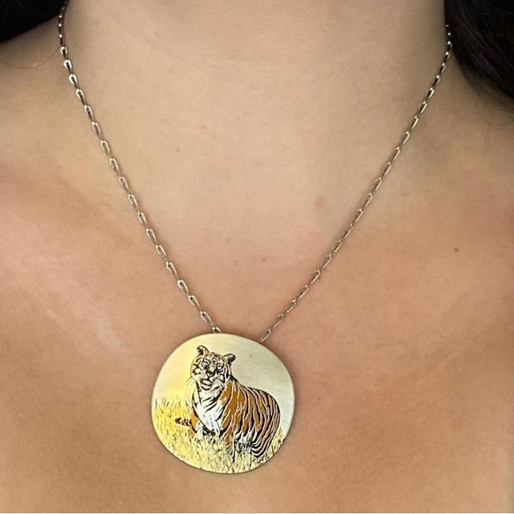 Vintage Damascene 24k Gold Electroplated Tiger Necklace/Pin by Reed and Barton - Picture 4 of 4